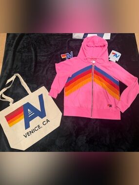 - NWT Aviator Nation Chevron Zip Hoodie Neon Pink  Small + Tote bag